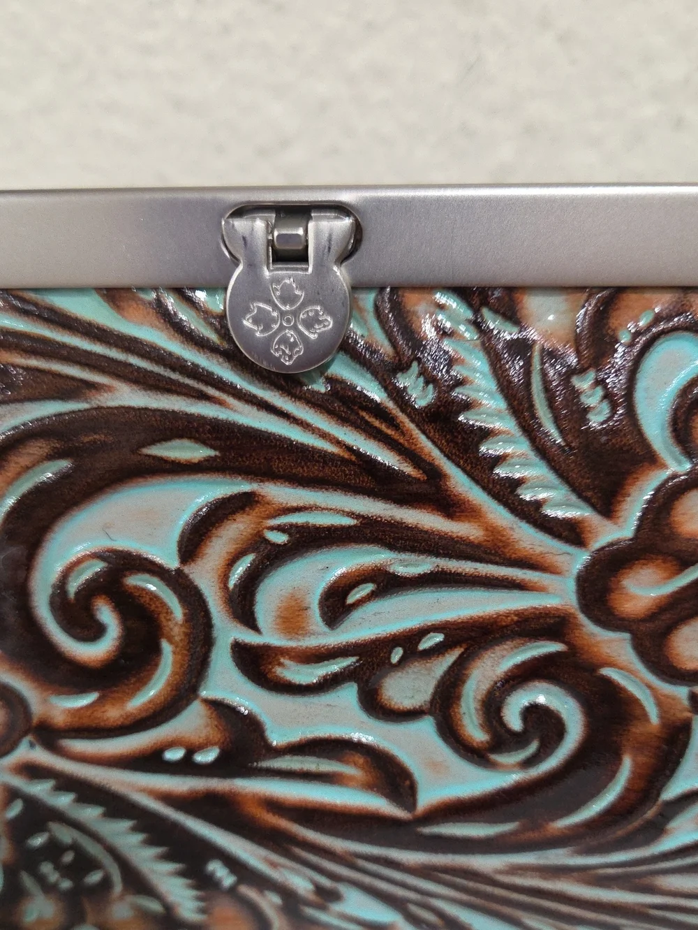 Patricia Nash Tooled Floral Leather Clutch Wallet in Turquoise and Brown
